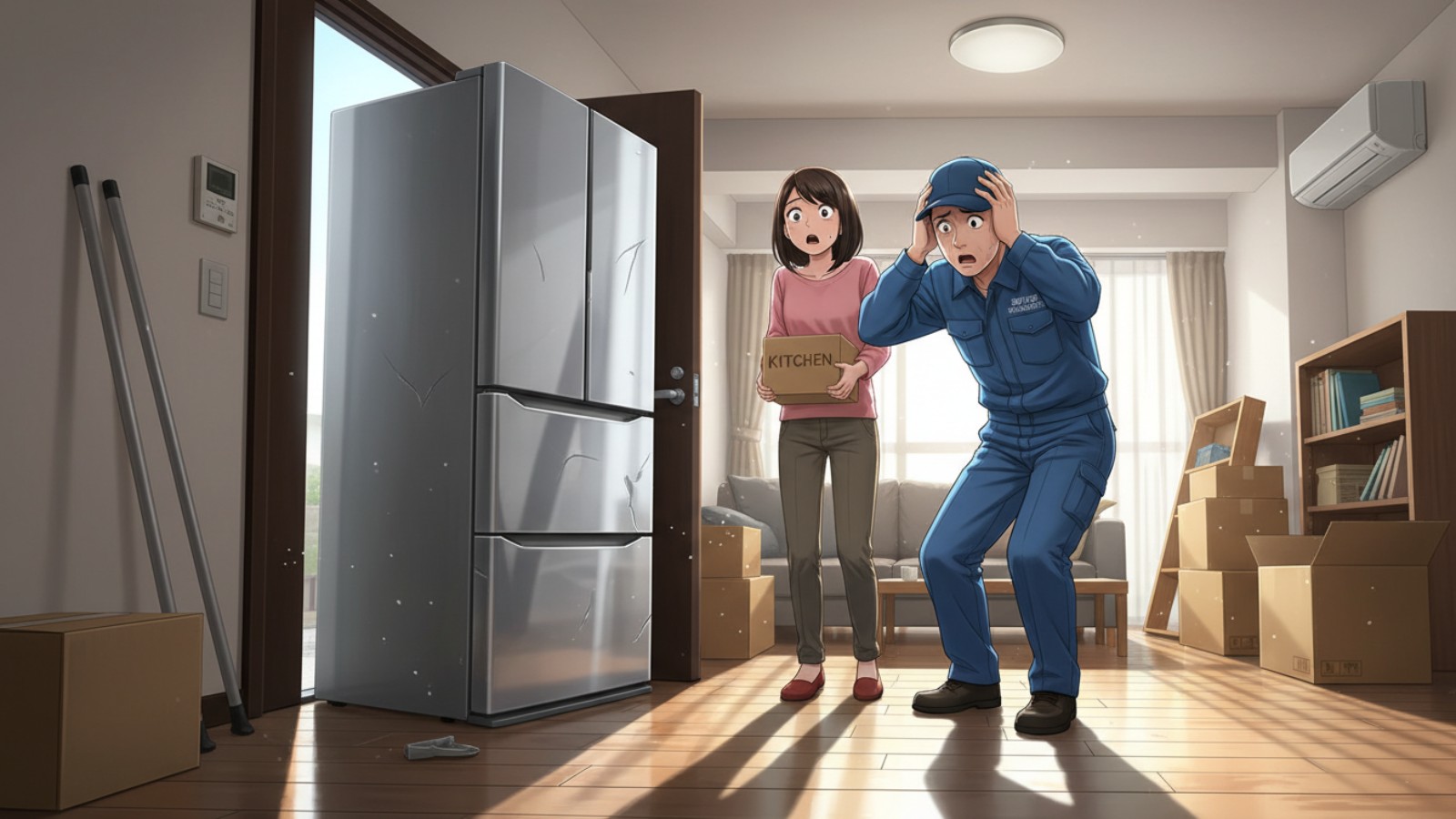 引越し作業員が玄関前で頭を抱え、若い奥さんが呆然としている