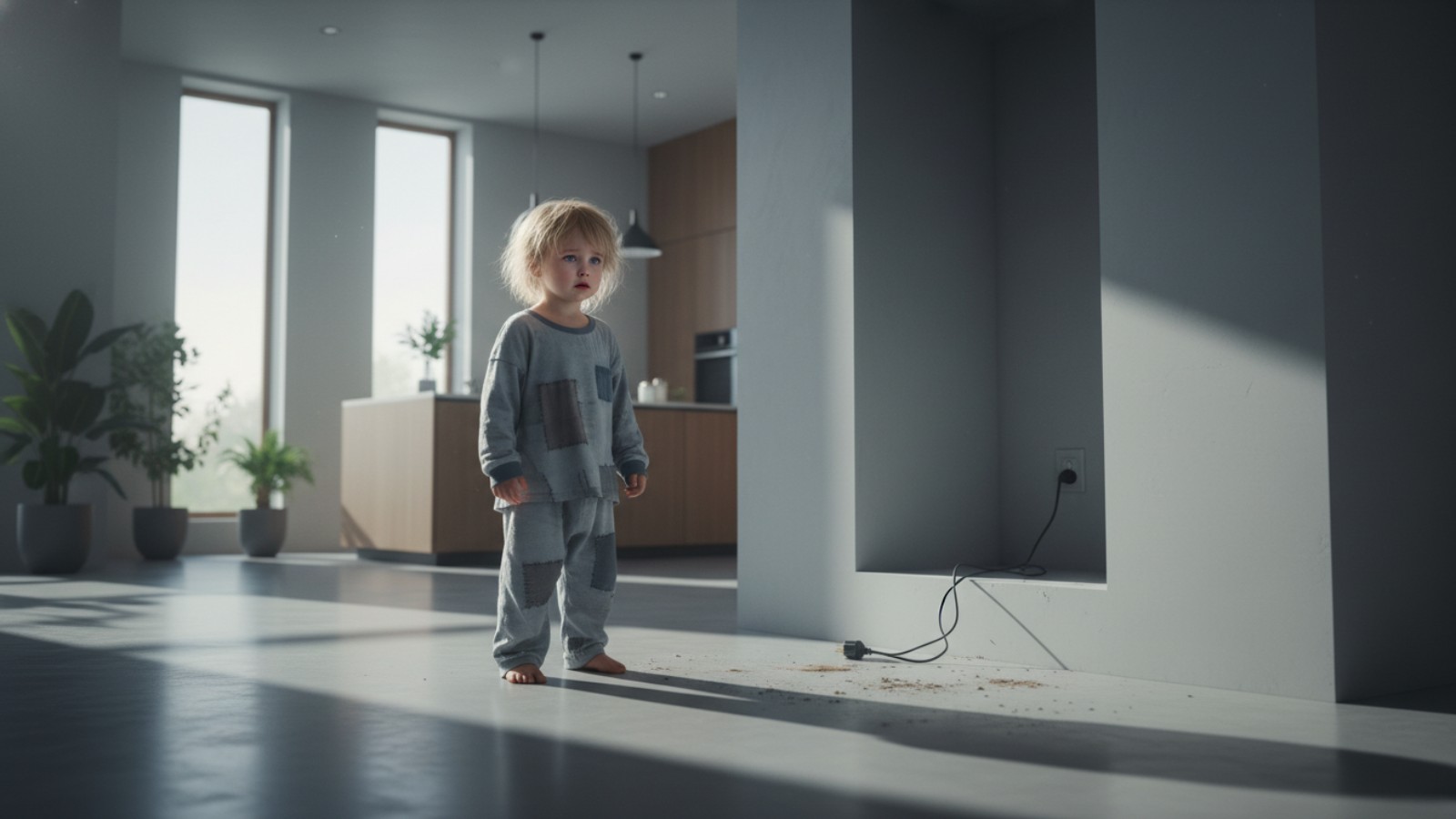 空っぽのキッチンを見つめる悲しげな子供