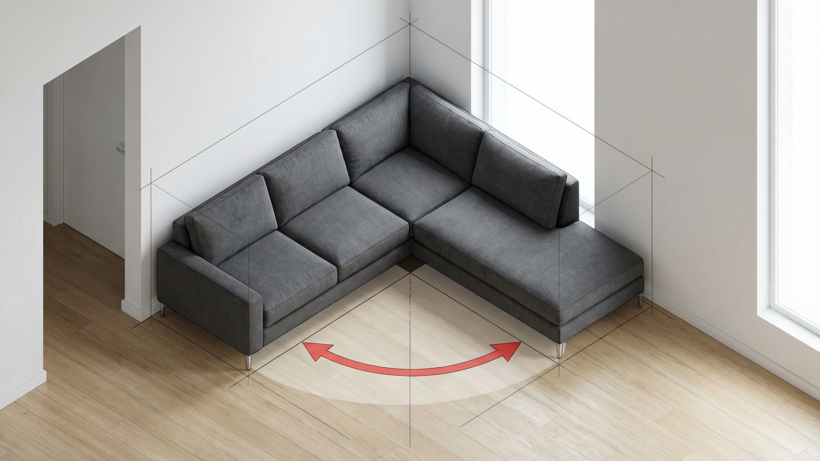 家具搬入時の廊下の曲がり角と回転半径の図解