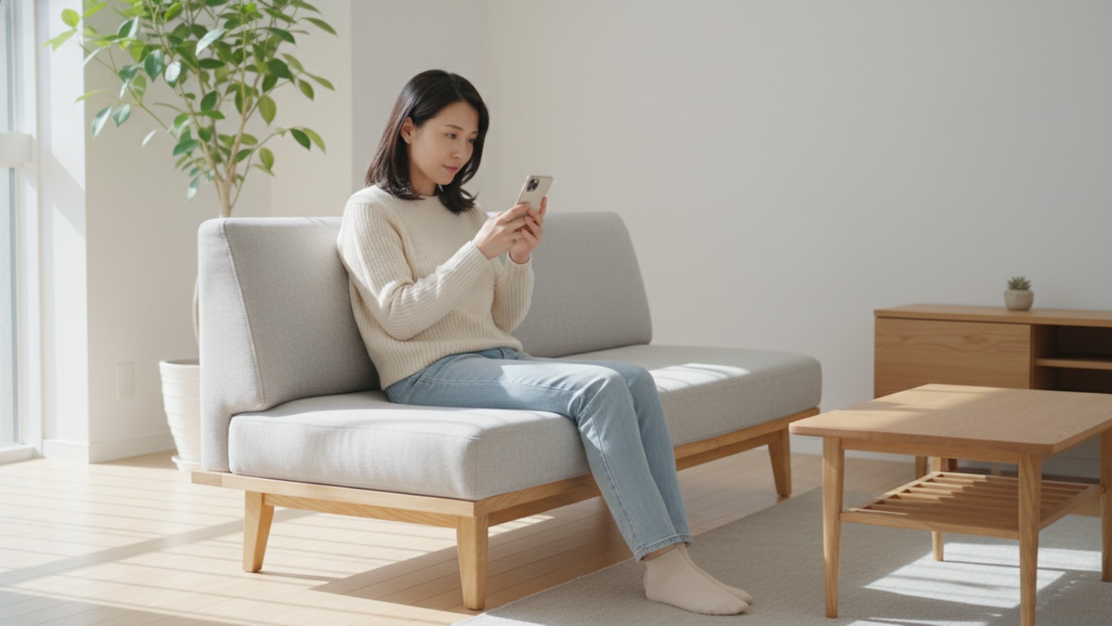 スマホで家具サブスクのサイトを見比べている主婦