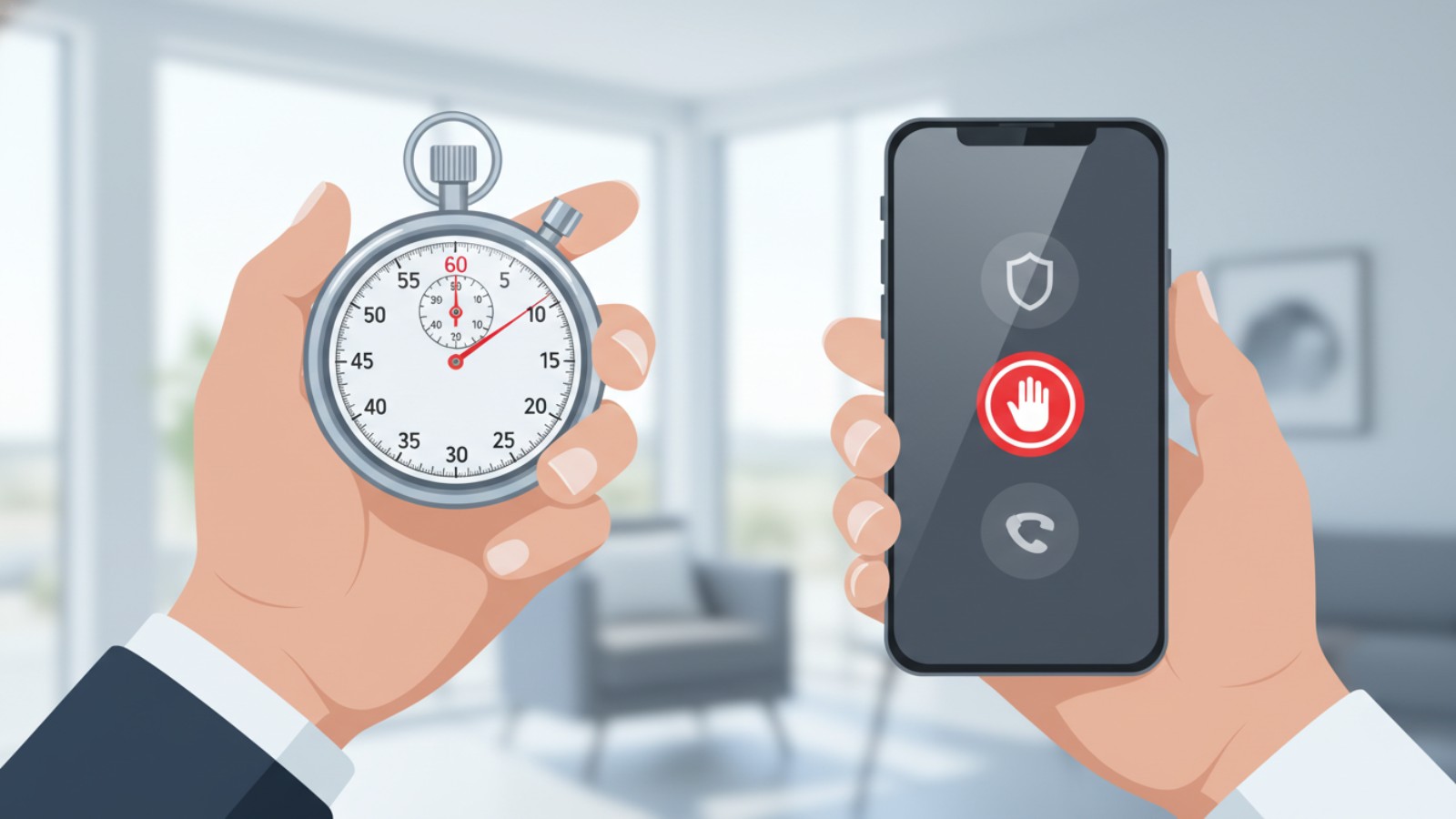 ストップウォッチを持った手と、スマホの着信拒否設定画面