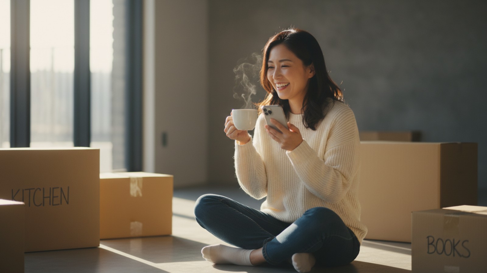 電話対応を終えてリラックスして引越し準備