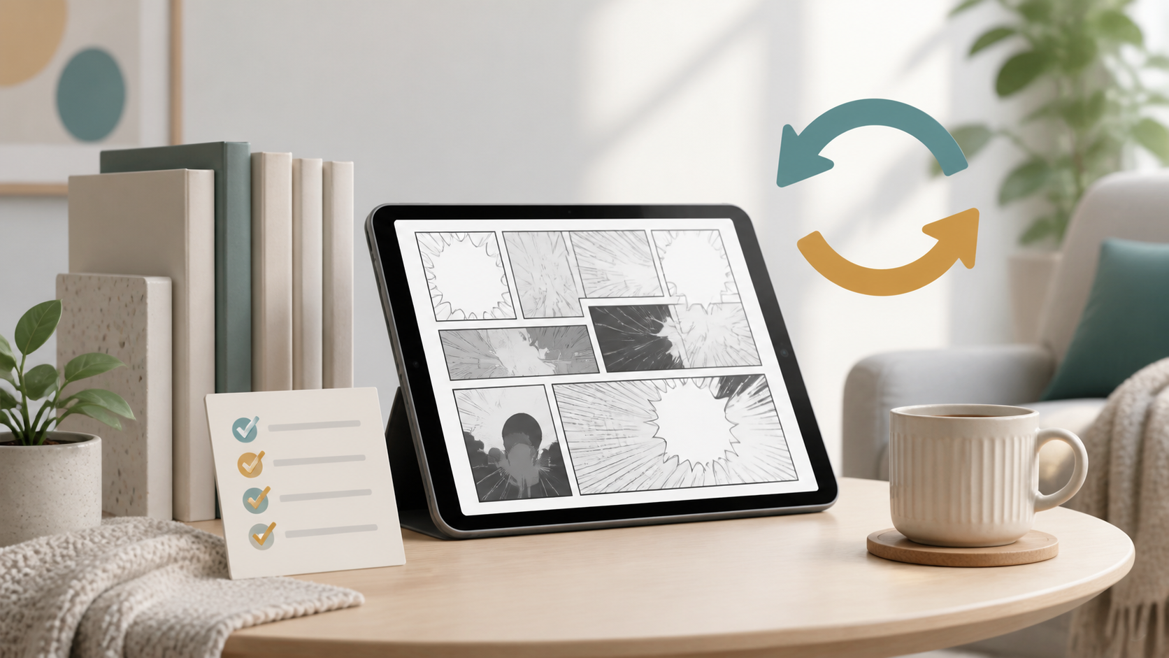 タブレットで漫画を読みながら契約前の確認項目をチェックするイメージ